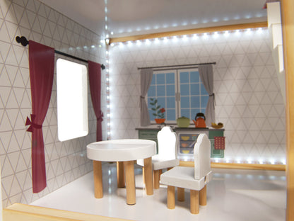 Casuta de Papusi din Lemn The Family Home idealSTORE, Dimensiuni 62 x 27 x 78 cm, Accesorizata cu Lumina LED Resedinta cu 3 Etaje, Dotata cu 4 Camere si o Terasa, Include un Mobilier Bogat din Lemn, Stimuleaza Imaginatia Copilului