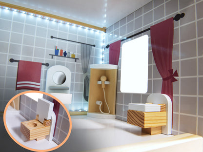 Casuta de Papusi din Lemn The Family Home idealSTORE, Dimensiuni 62 x 27 x 78 cm, Accesorizata cu Lumina LED Resedinta cu 3 Etaje, Dotata cu 4 Camere si o Terasa, Include un Mobilier Bogat din Lemn, Stimuleaza Imaginatia Copilului