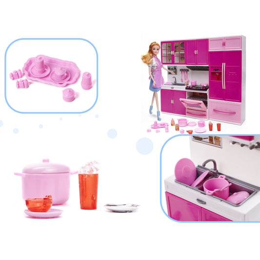 Set papusa + mobilier de bucatarie, 3m+, Roz
