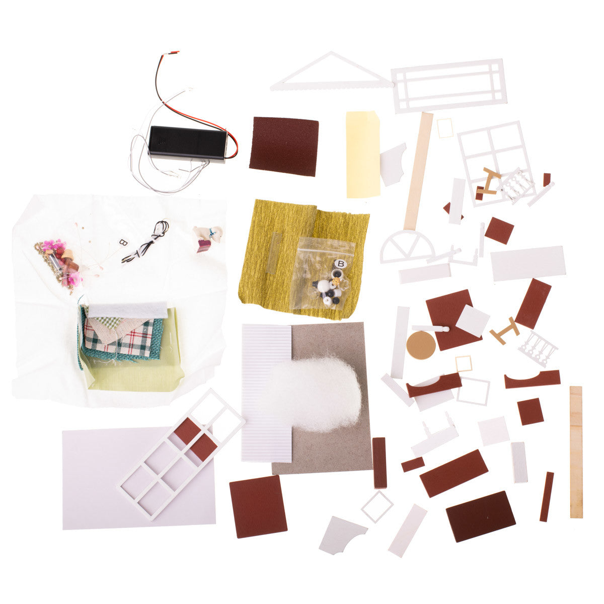 Macheta Casuta de Papusi Din Lemn idealSTORE, Dimensiuni 15 x 20 x 11 cm, Include Numeroase Piese de Mobilier din Lemn Iluminata LED, Adeziv pentru Lipirea Elementelor