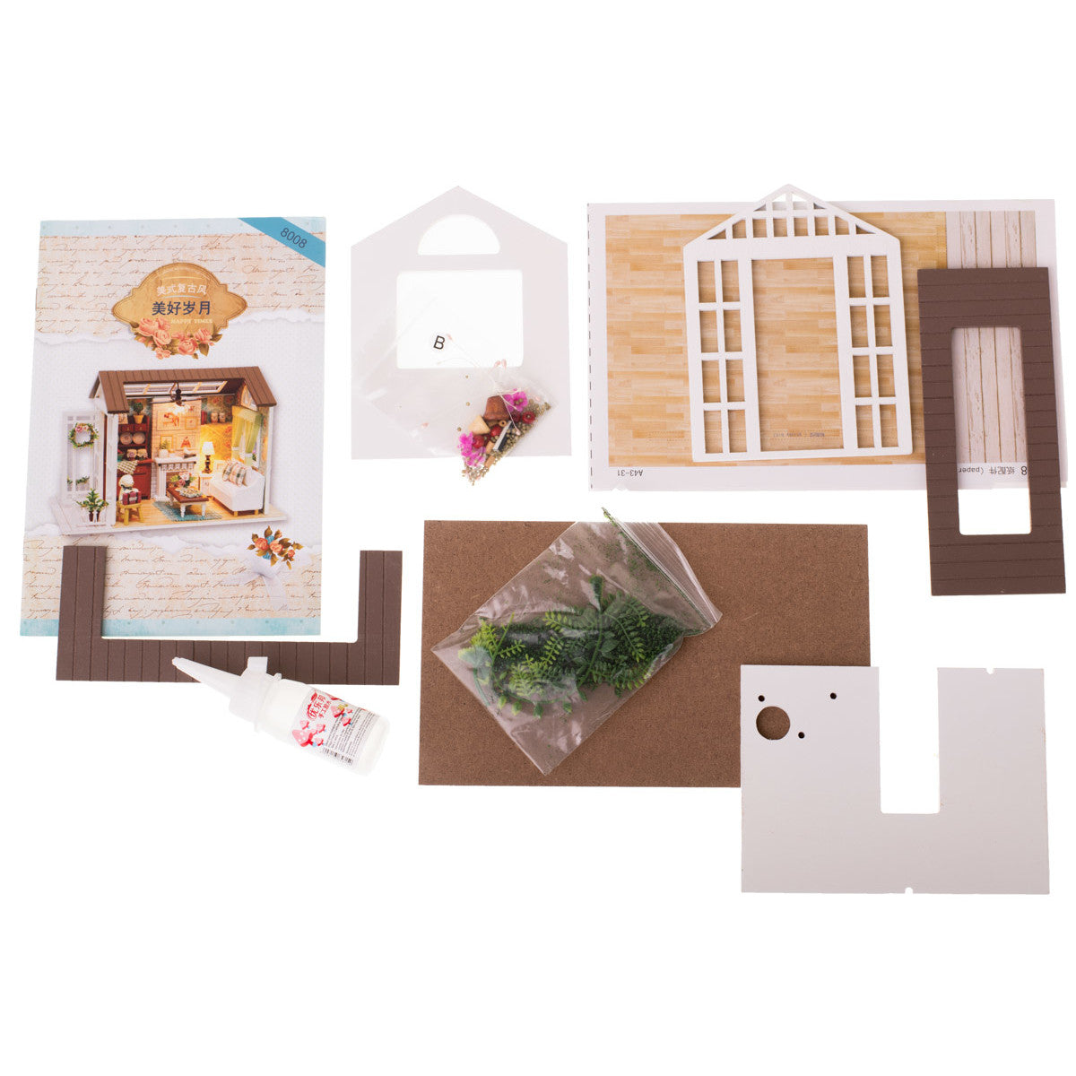 Macheta Casuta de Papusi Din Lemn idealSTORE, Dimensiuni 15 x 20 x 11 cm, Include Numeroase Piese de Mobilier din Lemn Iluminata LED, Adeziv pentru Lipirea Elementelor