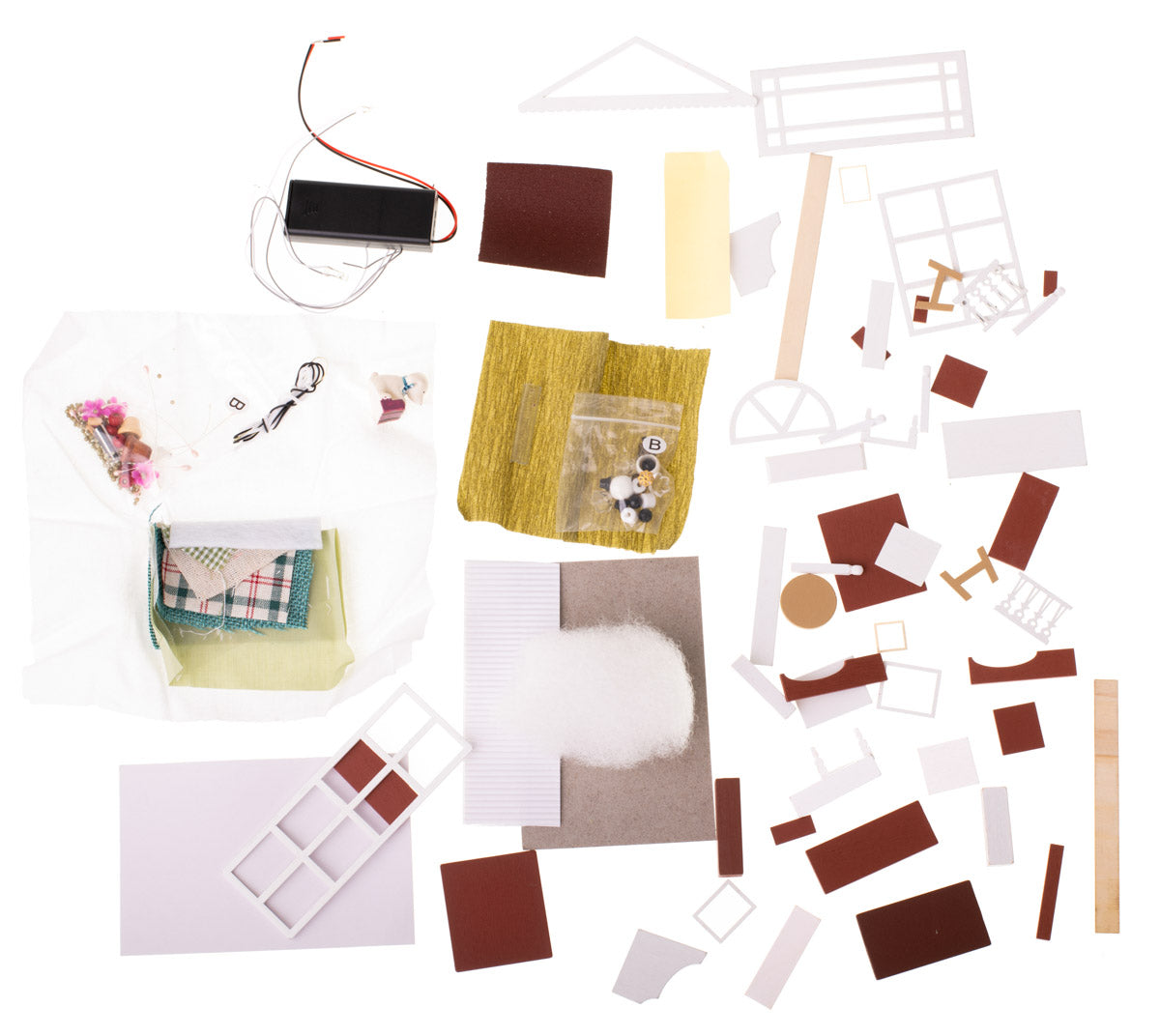 Macheta Casuta de Papusi Din Lemn idealSTORE, Dimensiuni 15 x 20 x 11 cm, Include Numeroase Piese de Mobilier din Lemn Iluminata LED, Adeziv pentru Lipirea Elementelor