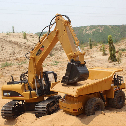 Excavator cu Telecomanda Power King idealSTORE, 46 x 24 x 17 cm, Cabina Rotativa cu lumini LED, Efect Sonor, Senile de Cauciuc, Elemente Metalice, 15 Canale pentru Control, 2,4 GHz, Incarcare USB, Dezvolta Abilitati Manuale, Agilitate si Viclenie