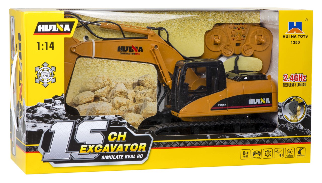 Excavator cu Telecomanda Power King idealSTORE, 46 x 24 x 17 cm, Cabina Rotativa cu lumini LED, Efect Sonor, Senile de Cauciuc, Elemente Metalice, 15 Canale pentru Control, 2,4 GHz, Incarcare USB, Dezvolta Abilitati Manuale, Agilitate si Viclenie