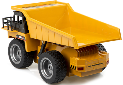 Camion Basculanta Dump Truck idealSTORE, Dimensiuni 28 x 15 x 16 cm, Include 6 Canale si Elemente Metalice, Accesorizat cu Sunete si Lumini LED, Anvelope din Cauciuc, Incarcare USB, Dezvolta Abiliatile Manuale