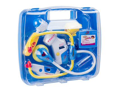 Trusa medicala de Jucarie pentru copii Little Doctor IdealStore, Include stetoscop cu efecte sonore, Termometru si tensiometru cu efecte luminoase, Valiza, Albastru