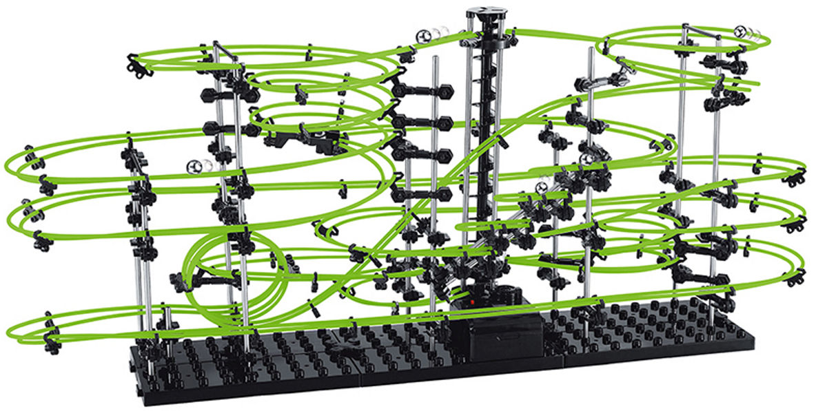 Set de Constructie Ball RollerCoaster 3D idealSTORE, Dimensiuni 72 x 34 x 36cm, Structura Metalica, Include 4 Bile de Otel, Sporeste divertismentul creativ si provocarile mentale, Level 4