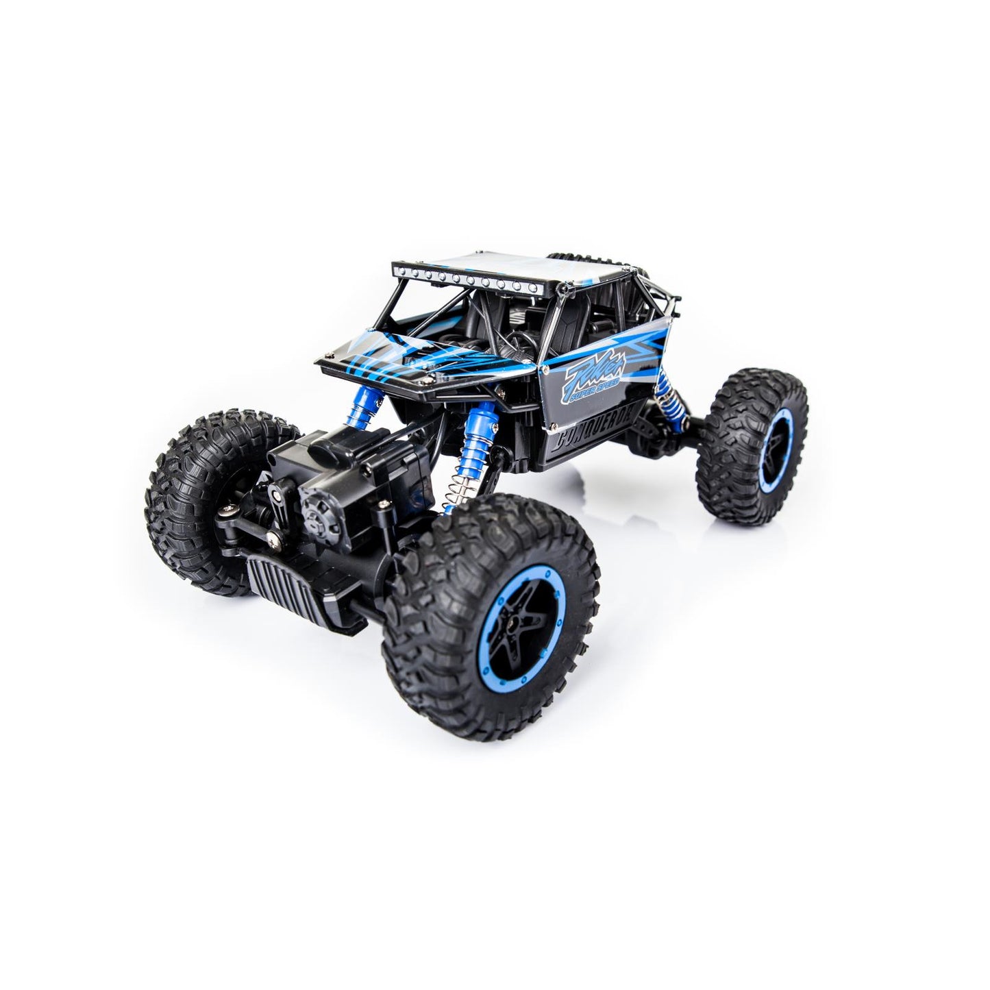 Masinuta cu Telecomanda Rock Through idealSTORE, Accesorizat cu 2 Motoare Puternice, Roti mari de Teren, 4X4, Suspensii, Viteza ~10 km/h, Raza de Actiune 50 m, Scara 1:18, GHz 2,4 Ofera multe Ore De Distractie, Albastru- Negru