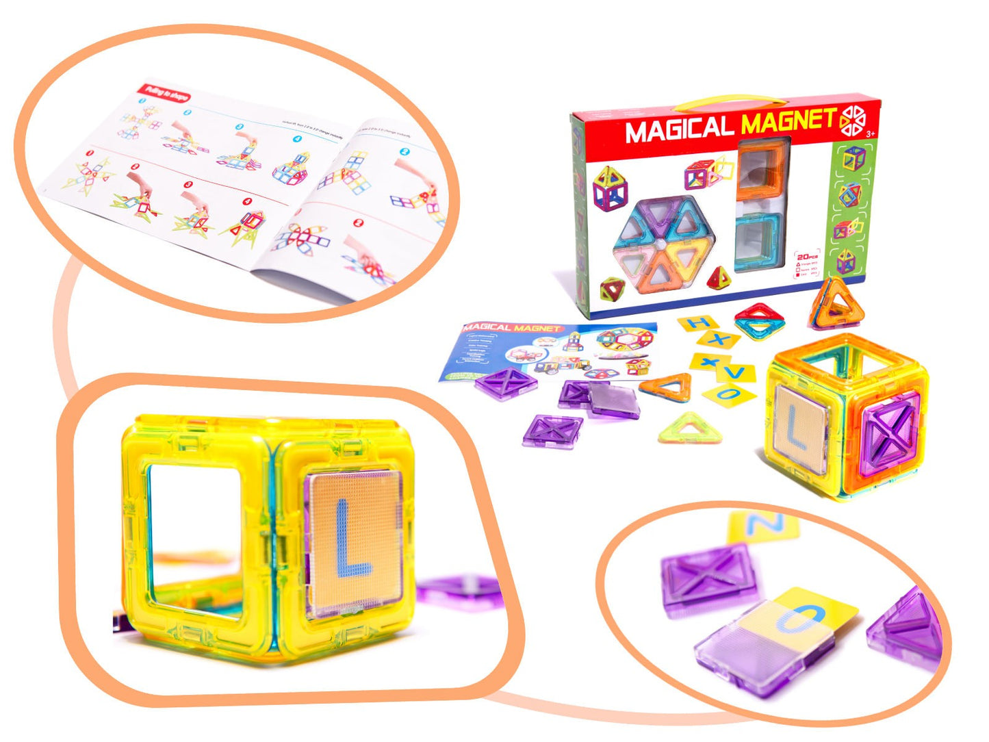 Set Inteligent de constructie Magical Magnet IdealStore, Include 20 de Piese Multicolore, Educativ- Creativ, Posibilitatea de forme nelimitate, Stimularea imaginatiei si a creativitatii, Magneti Neodim