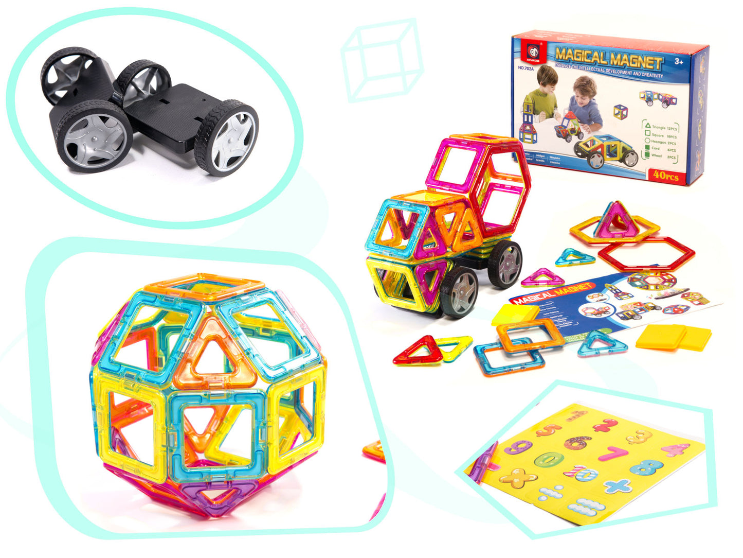 Set Inteligent de Constructie Super Play Magnet IdealStore, Include 40 de Piese Magnetice Multicolore, Modele si Forme Nelimitate de Construit, Educativ- Creativ, Maganeti Neodim, Incurajeaza Gandirea Creativa