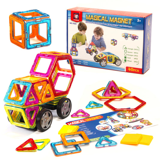 Set Inteligent de Constructie Super Play Magnet IdealStore, Include 40 de Piese Magnetice Multicolore, Modele si Forme Nelimitate de Construit, Educativ- Creativ, Maganeti Neodim, Incurajeaza Gandirea Creativa