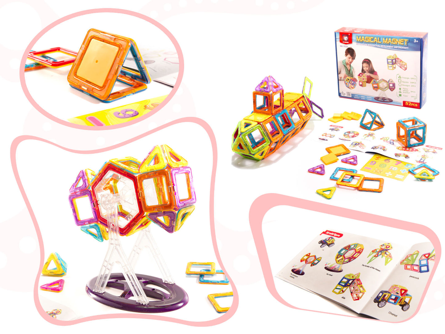 Set Inteligent de Constructie Smart Magnets 3D idealSTORE, Include 52 de Elemente Magnetice Multicolore, Magneti Puternici, Educativ- Creativ, Posibilitatea de a creea Nelimitate Forme, Stimuleaza Imaginatia, Gandirea Creativa