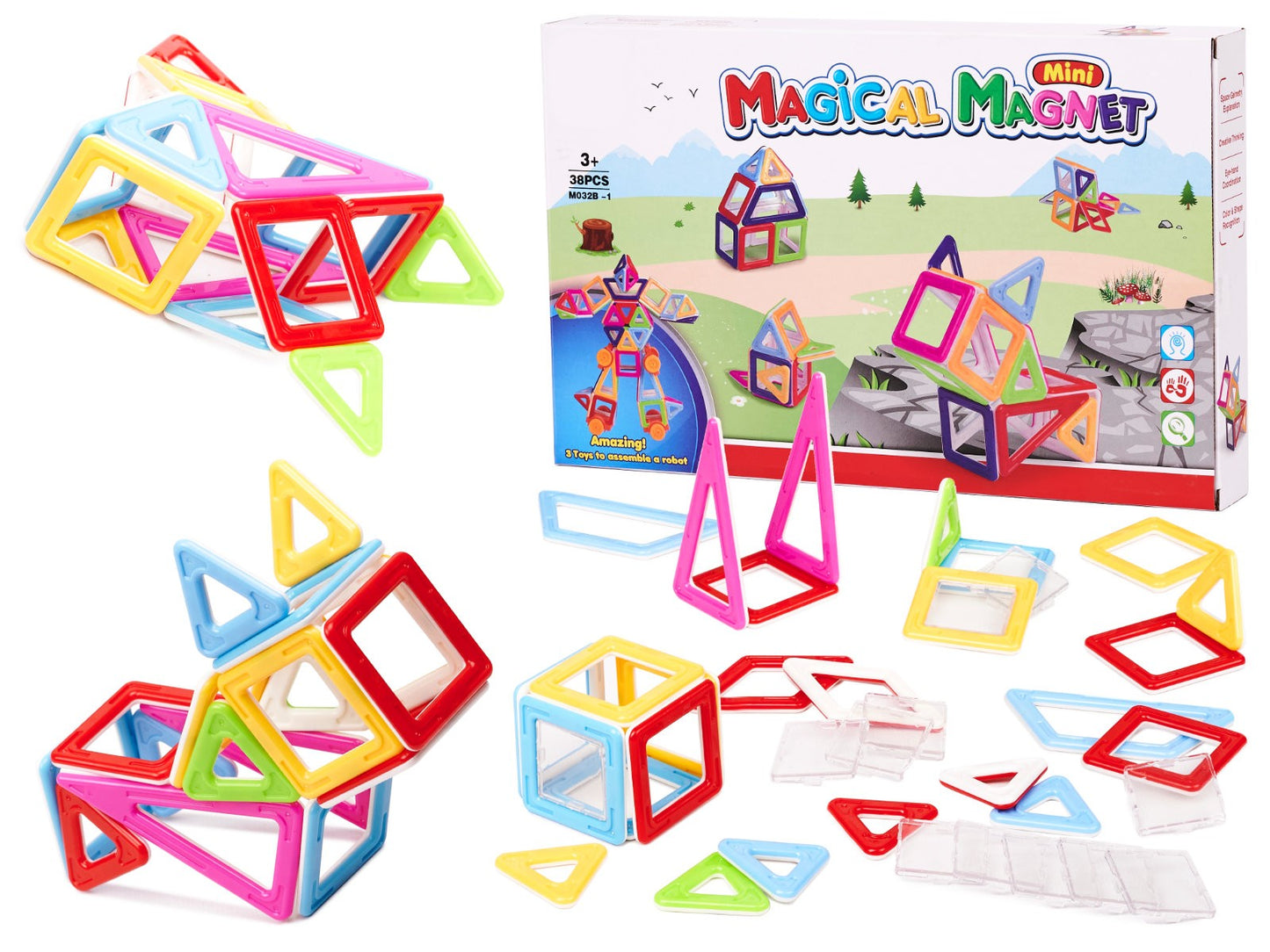 Set de constructie Blocks Magnetik IdealStore, 37 piese multicolore, Stimuleaza imaginatia si creativitatea, Distractie garantata in familie, Magneti Neodim
