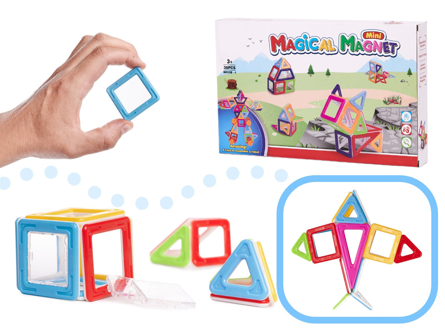 Set de constructie Blocks Magnetik IdealStore, 37 piese multicolore, Stimuleaza imaginatia si creativitatea, Distractie garantata in familie, Magneti Neodim