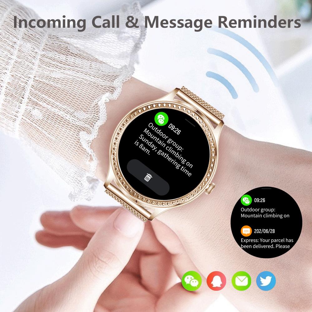 Smartwatch idealStore LadyWatch, Notificare Apel, Respingere Apel, Afisare Mesaje si Notificari, Monitorizare Sanatate, Pedometru, Moduri Sport, Analizator Somn, Prognoza Meteo, Senzor Temperatura, Sedentar memento, Culoare Roz Gold
