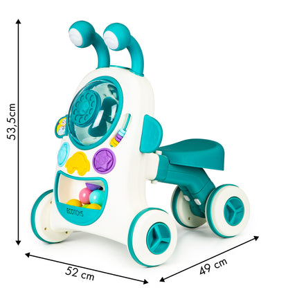 Antepremergator interactiv 2 in 1 cu sezut Baby Walker Ride idealSTORE, Dimensiuni 49 x 52 x 53 cm, Constructie solida, Efecte luminoase si sonore, 5 bile colorate, Roti antiderapante