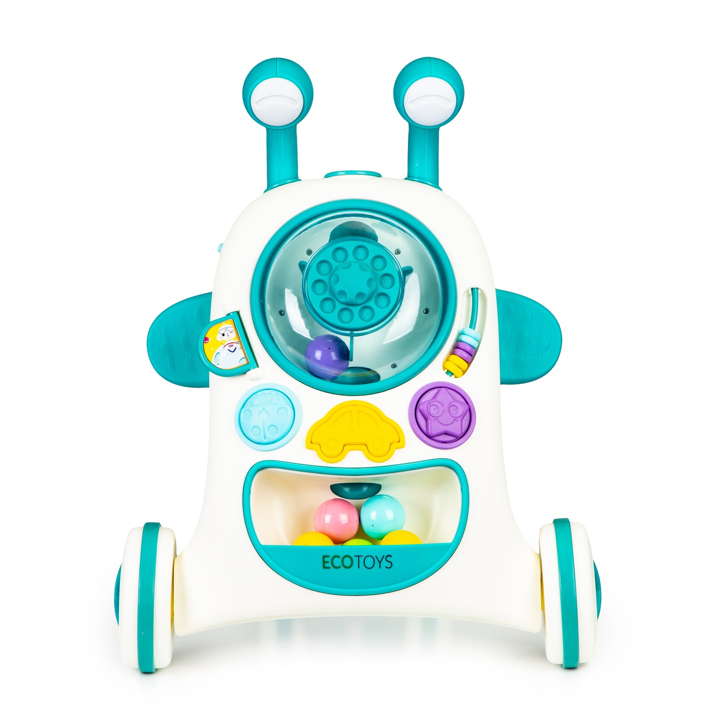 Antepremergator interactiv 2 in 1 cu sezut Baby Walker Ride idealSTORE, Dimensiuni 49 x 52 x 53 cm, Constructie solida, Efecte luminoase si sonore, 5 bile colorate, Roti antiderapante