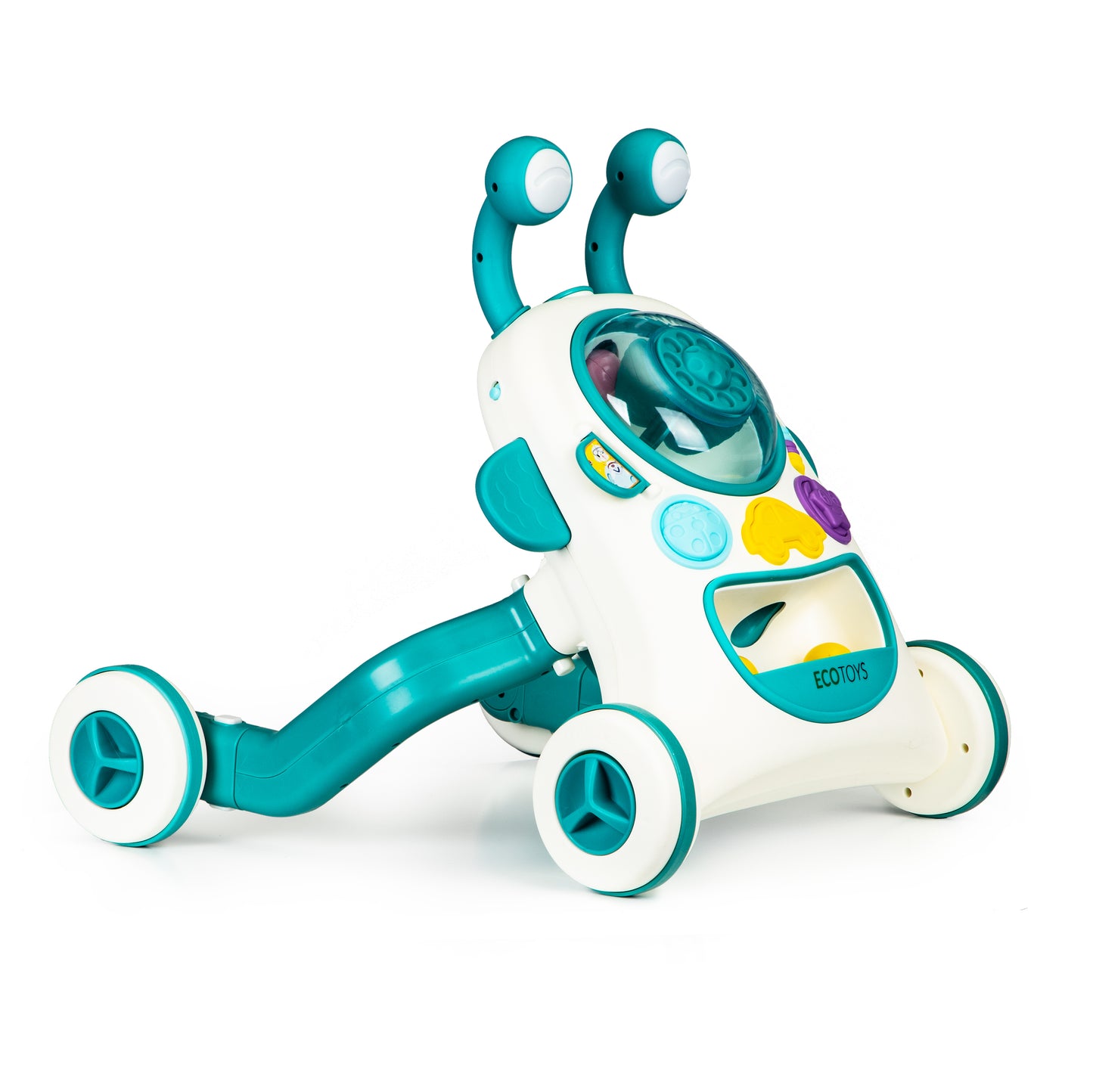 Antepremergator interactiv 2 in 1 cu sezut Baby Walker Ride idealSTORE, Dimensiuni 49 x 52 x 53 cm, Constructie solida, Efecte luminoase si sonore, 5 bile colorate, Roti antiderapante
