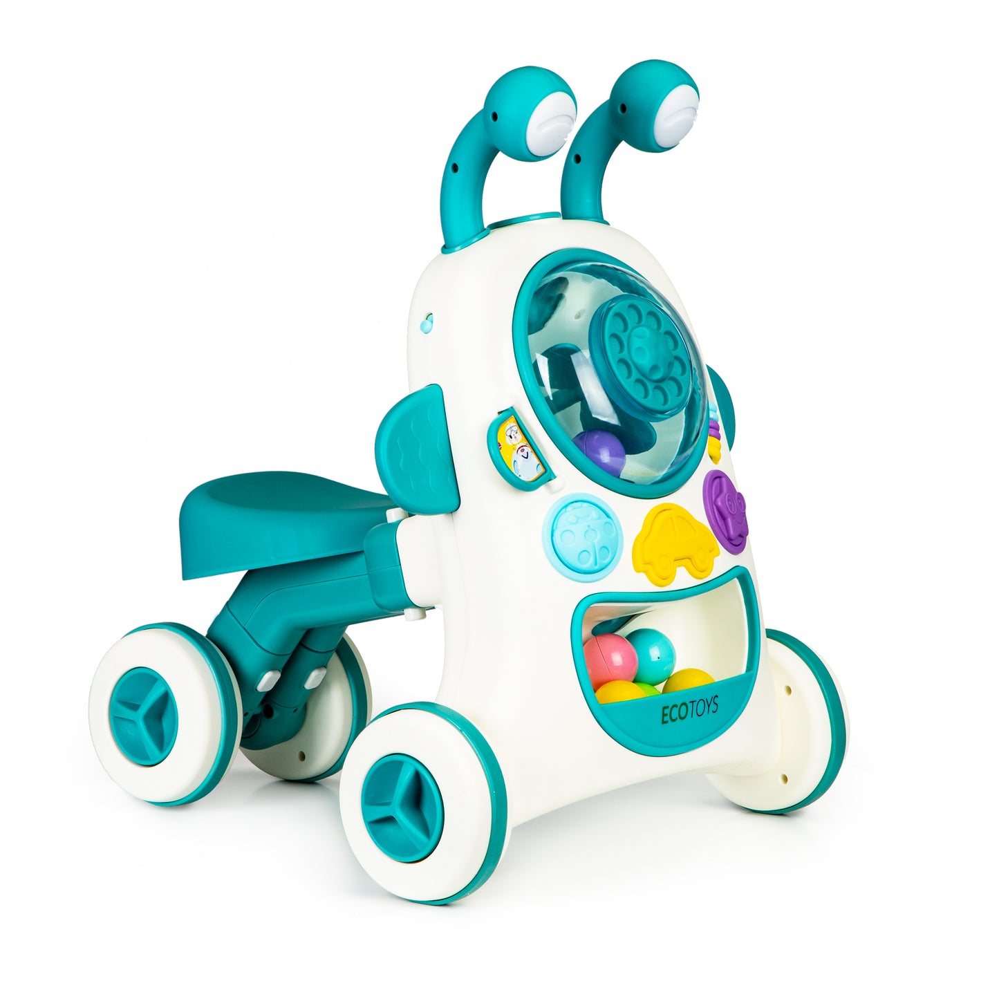 Antepremergator interactiv 2 in 1 cu sezut Baby Walker Ride idealSTORE, Dimensiuni 49 x 52 x 53 cm, Constructie solida, Efecte luminoase si sonore, 5 bile colorate, Roti antiderapante