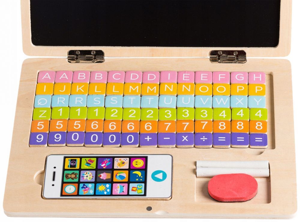 Laptop din lemn, pentru copii, cu 78 elemente magnetice