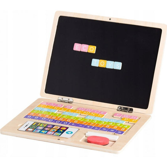 Laptop din lemn, pentru copii, cu 78 elemente magnetice
