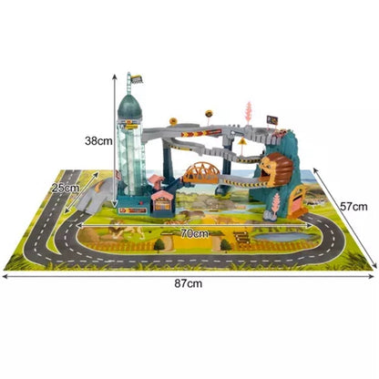 Set de Joaca ideal STORE Lion Adventures, pista interactiva cu obstacole, turn cu lift automat, include 4 masinute si parcare ideal pentru o experienta unica