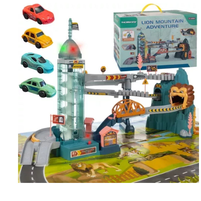 Set de Joaca ideal STORE Lion Adventures, pista interactiva cu obstacole, turn cu lift automat, include 4 masinute si parcare ideal pentru o experienta unica