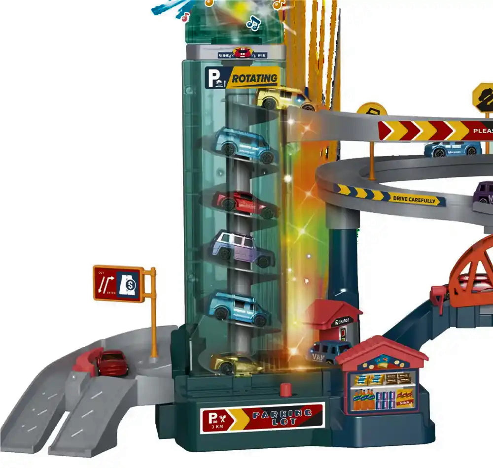 Set de Joaca ideal STORE Lion Adventures, pista interactiva cu obstacole, turn cu lift automat, include 4 masinute si parcare ideal pentru o experienta unica