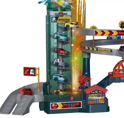 Set de Joaca ideal STORE Lion Adventures, pista interactiva cu obstacole, turn cu lift automat, include 4 masinute si parcare ideal pentru o experienta unica