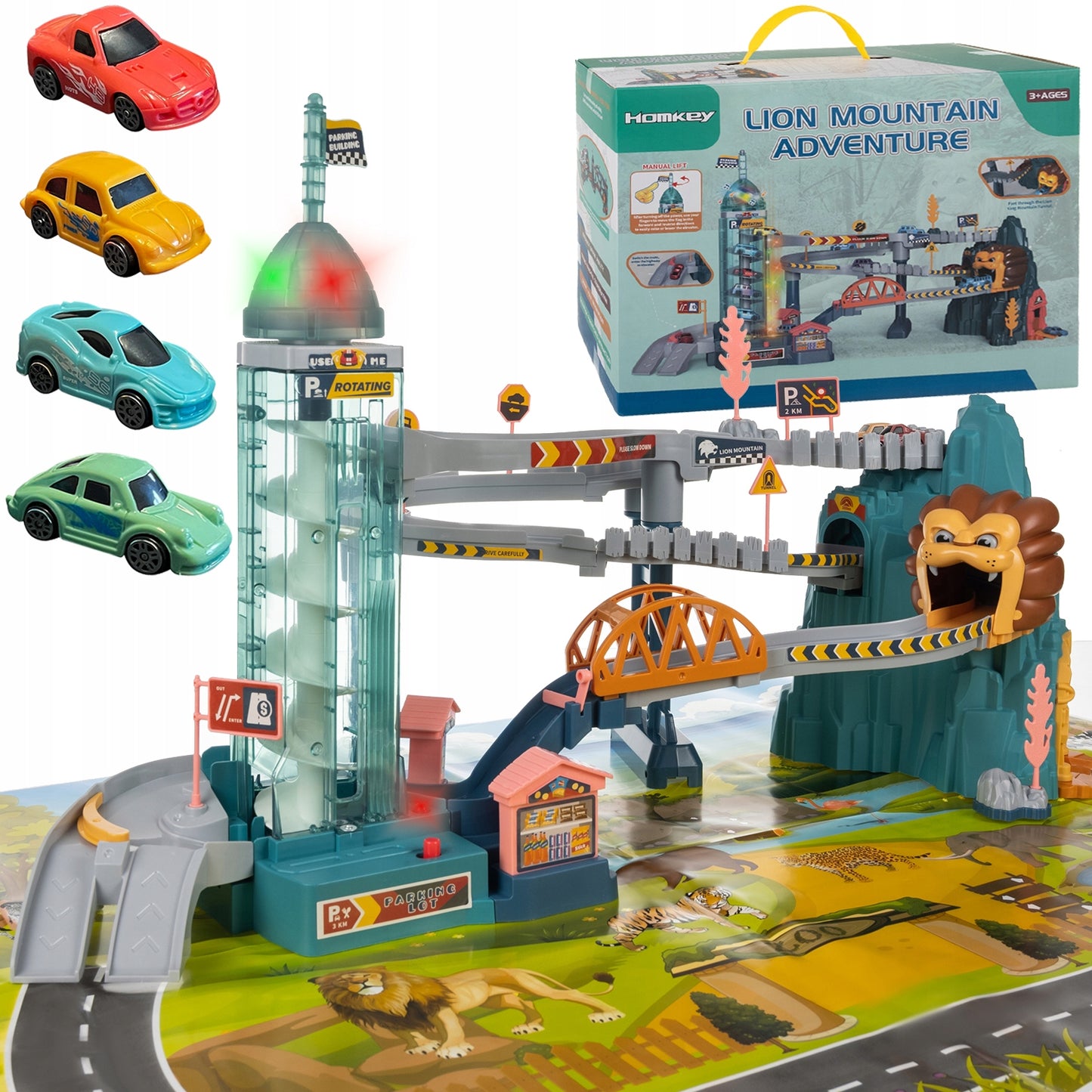 Set de Joaca ideal STORE Lion Adventures, pista interactiva cu obstacole, turn cu lift automat, include 4 masinute si parcare ideal pentru o experienta unica