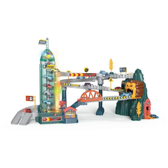 Set de Joaca ideal STORE Lion Adventures, pista interactiva cu obstacole, turn cu lift automat, include 4 masinute si parcare ideal pentru o experienta unica