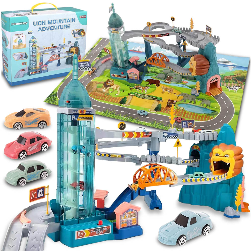 Set de Joaca ideal STORE Lion Adventures, pista interactiva cu obstacole, turn cu lift automat, include 4 masinute si parcare ideal pentru o experienta unica