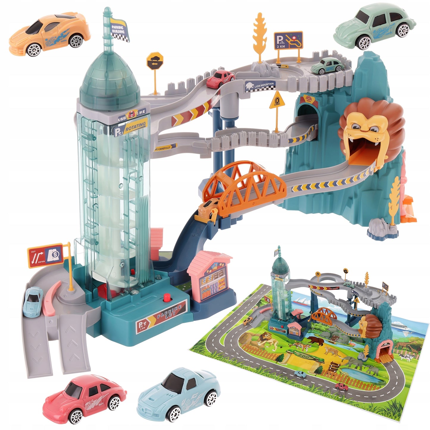 Set de Joaca ideal STORE Lion Adventures, pista interactiva cu obstacole, turn cu lift automat, include 4 masinute si parcare ideal pentru o experienta unica