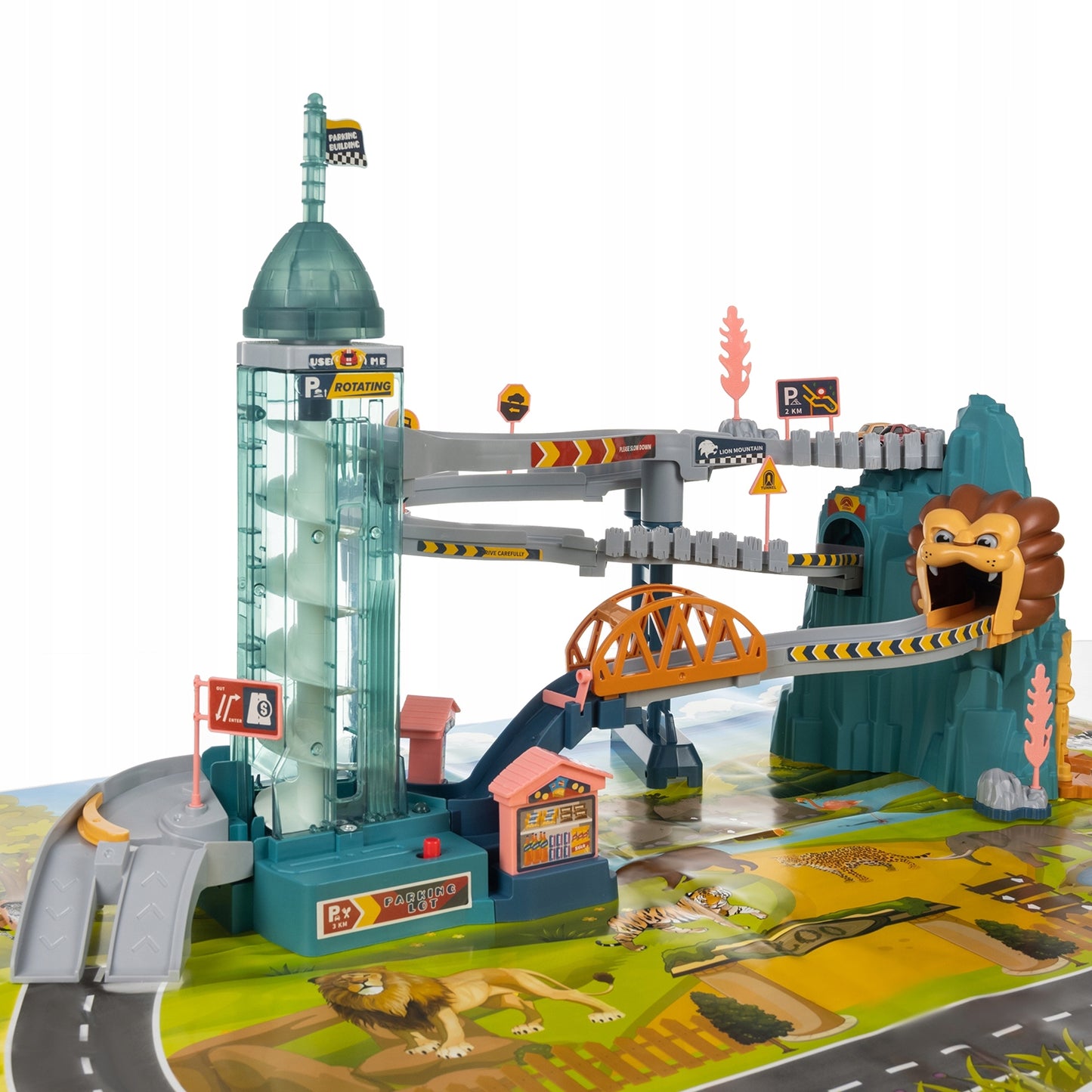 Set de Joaca ideal STORE Lion Adventures, pista interactiva cu obstacole, turn cu lift automat, include 4 masinute si parcare ideal pentru o experienta unica