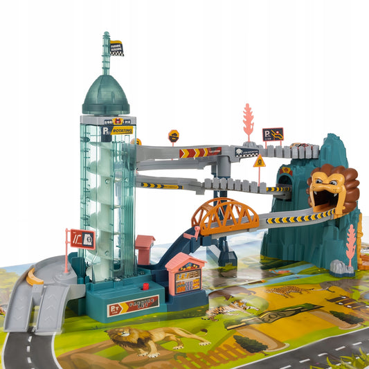 Set de Joaca ideal STORE Lion Adventures, pista interactiva cu obstacole, turn cu lift automat, include 4 masinute si parcare ideal pentru o experienta unica