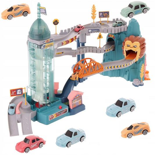 Set de Joaca ideal STORE Lion Adventures, pista interactiva cu obstacole, turn cu lift automat, include 4 masinute si parcare ideal pentru o experienta unica