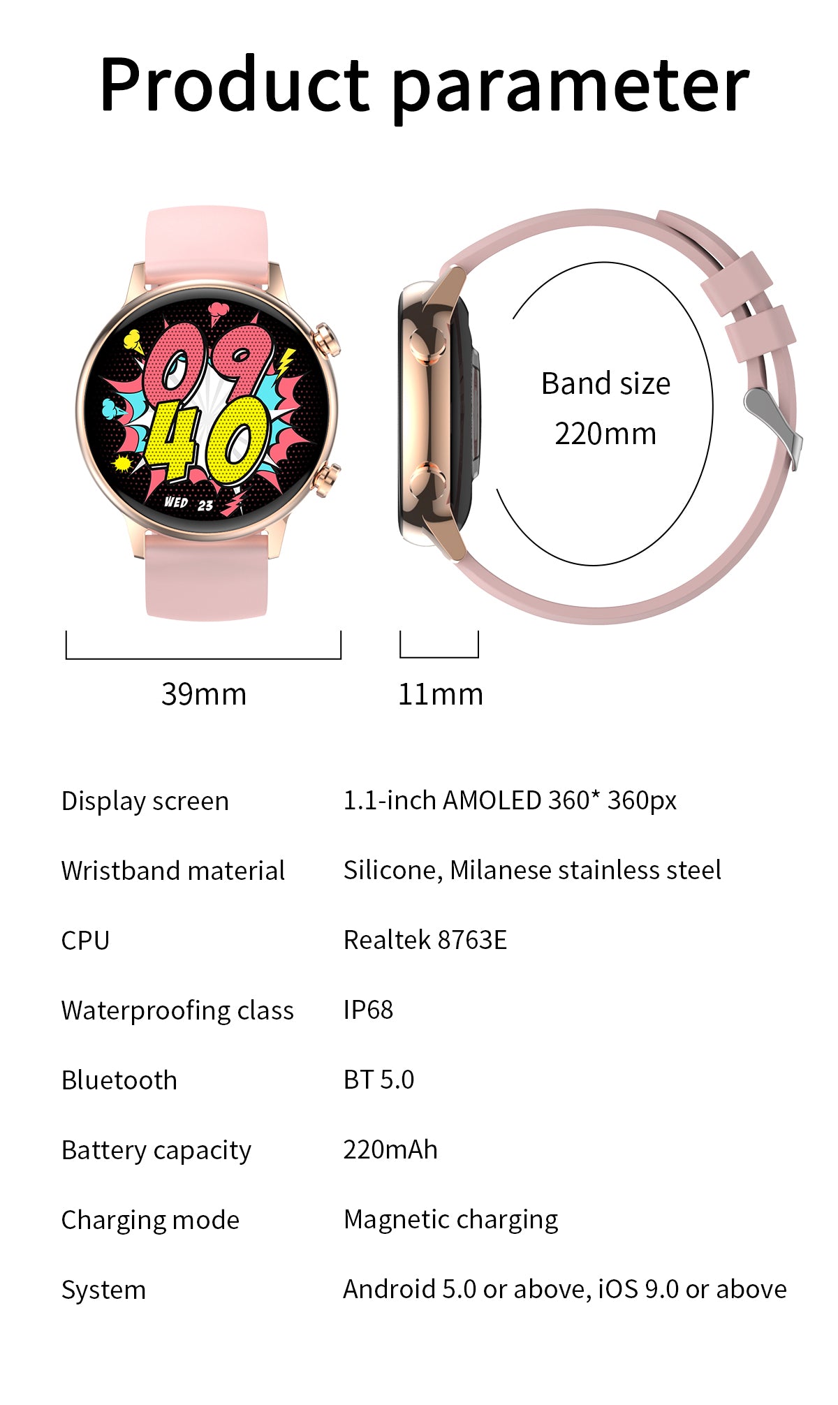 Ceas Smartwatch Live On Watch IdealStore, Ecran AMOLED HD 1.1 inch, Preluare Apeluri si Mesaje Bluetooth, NFC, Monitorizare Ritm Cardiac si Somn, Asistent Vocal, Difuzor si Microfon incorporat, IP68, Alarma, Android-IOS, Long Battery, Silcon Roz Edition