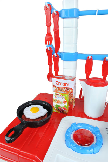 Bucatarie multifunctionala Primul Bucatar, pentru copii cu lumini si sunete, 32 acceosrii incluse, 87 cm INALTIME, chiuveta, aragaz, masina de spalat vase, ideala pentru creativitatea copilului tau, Culoare Rosie