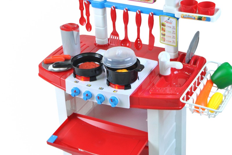 Bucatarie multifunctionala Primul Bucatar, pentru copii cu lumini si sunete, 32 acceosrii incluse, 87 cm INALTIME, chiuveta, aragaz, masina de spalat vase, ideala pentru creativitatea copilului tau, Culoare Rosie