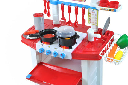 Bucatarie multifunctionala Primul Bucatar, pentru copii cu lumini si sunete, 32 acceosrii incluse, 87 cm INALTIME, chiuveta, aragaz, masina de spalat vase, ideala pentru creativitatea copilului tau, Culoare Rosie