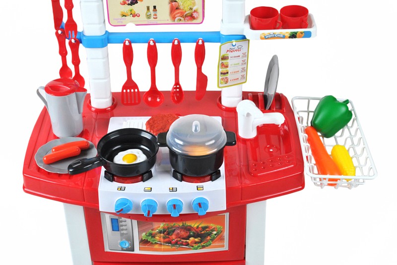 Bucatarie multifunctionala Primul Bucatar, pentru copii cu lumini si sunete, 32 acceosrii incluse, 87 cm INALTIME, chiuveta, aragaz, masina de spalat vase, ideala pentru creativitatea copilului tau, Culoare Rosie