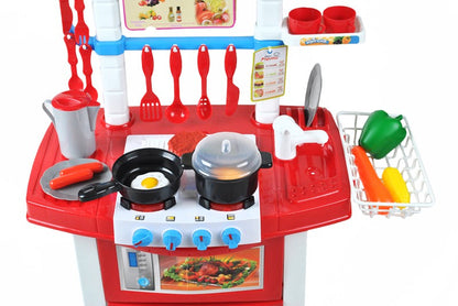Bucatarie multifunctionala Primul Bucatar, pentru copii cu lumini si sunete, 32 acceosrii incluse, 87 cm INALTIME, chiuveta, aragaz, masina de spalat vase, ideala pentru creativitatea copilului tau, Culoare Rosie