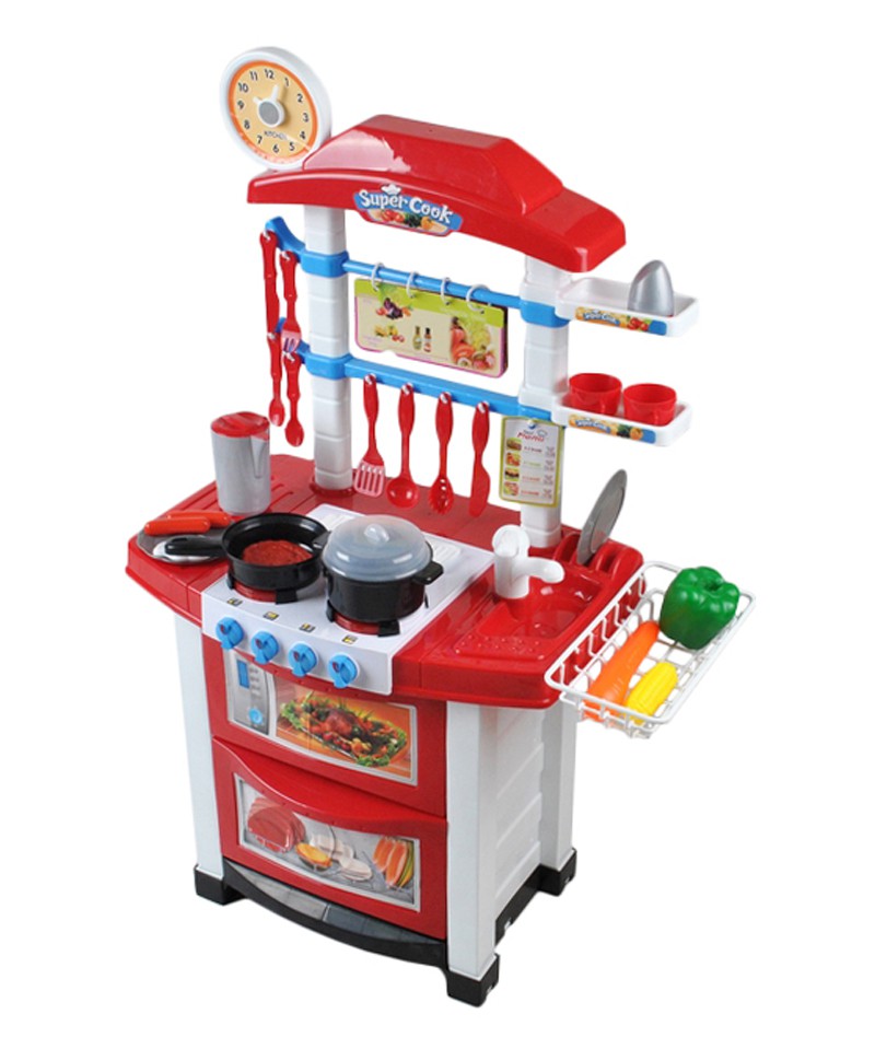 Bucatarie multifunctionala Primul Bucatar, pentru copii cu lumini si sunete, 32 acceosrii incluse, 87 cm INALTIME, chiuveta, aragaz, masina de spalat vase, ideala pentru creativitatea copilului tau, Culoare Rosie