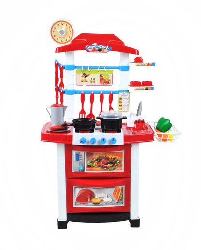 Bucatarie multifunctionala Primul Bucatar, pentru copii cu lumini si sunete, 32 acceosrii incluse, 87 cm INALTIME, chiuveta, aragaz, masina de spalat vase, ideala pentru creativitatea copilului tau, Culoare Rosie