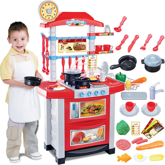 Bucatarie multifunctionala Primul Bucatar, pentru copii cu lumini si sunete, 32 acceosrii incluse, 87 cm INALTIME, chiuveta, aragaz, masina de spalat vase, ideala pentru creativitatea copilului tau, Culoare Rosie