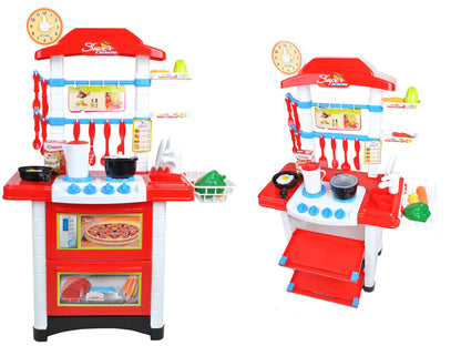 Bucatarie multifunctionala Primul Bucatar, pentru copii cu lumini si sunete, 32 acceosrii incluse, 87 cm INALTIME, chiuveta, aragaz, masina de spalat vase, ideala pentru creativitatea copilului tau, Culoare Rosie