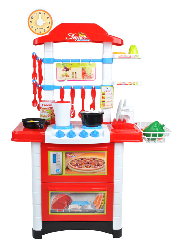 Bucatarie multifunctionala Primul Bucatar, pentru copii cu lumini si sunete, 32 acceosrii incluse, 87 cm INALTIME, chiuveta, aragaz, masina de spalat vase, ideala pentru creativitatea copilului tau, Culoare Rosie