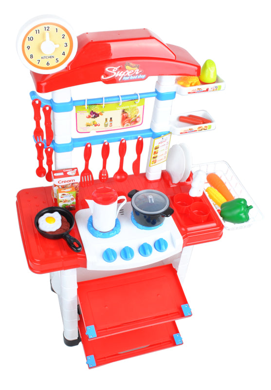 Bucatarie multifunctionala Primul Bucatar, pentru copii cu lumini si sunete, 32 acceosrii incluse, 87 cm INALTIME, chiuveta, aragaz, masina de spalat vase, ideala pentru creativitatea copilului tau, Culoare Rosie