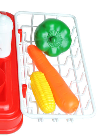 Bucatarie multifunctionala Primul Bucatar, pentru copii cu lumini si sunete, 32 acceosrii incluse, 87 cm INALTIME, chiuveta, aragaz, masina de spalat vase, ideala pentru creativitatea copilului tau, Culoare Rosie