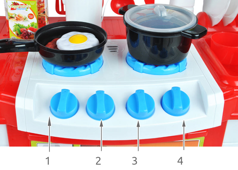 Bucatarie multifunctionala Primul Bucatar, pentru copii cu lumini si sunete, 32 acceosrii incluse, 87 cm INALTIME, chiuveta, aragaz, masina de spalat vase, ideala pentru creativitatea copilului tau, Culoare Rosie